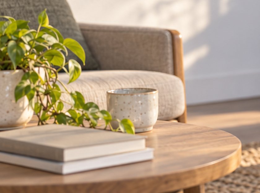 Mesa auxiliar redonda de madera con libros, una taza de cerámica y una planta, junto a un sillón de la consulta.