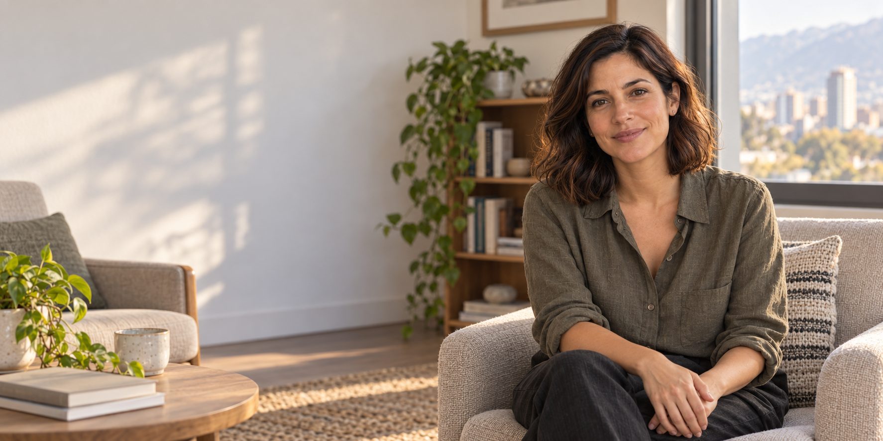 Camila Araya sentada en un sillón de su consulta, con luz natural de ventana y la ciudad de fondo, mirando a cámara con una sonrisa tranquila.