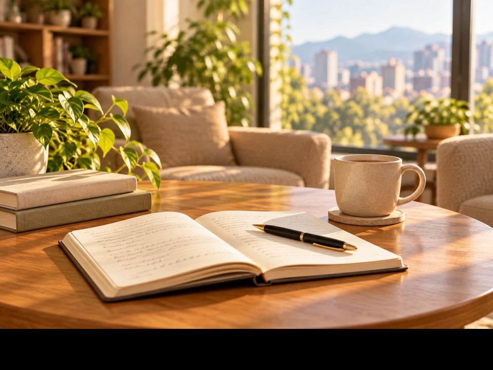 Cuaderno abierto con un lápiz y una taza sobre una mesa de madera junto a la ventana.