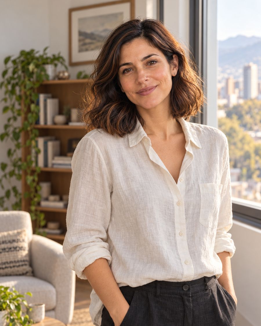 Retrato de Camila Araya de pie junto a la ventana de su consulta, con blusa clara y expresión tranquila.